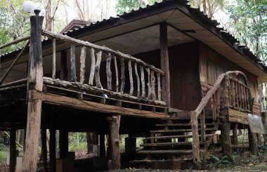  Ormanın ortasında eski ahşap bir ev.                              