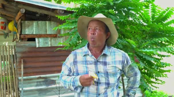 泰国农村的男性农民在农场里吃香蕉快乐的老年生活 — 图库视频影像
