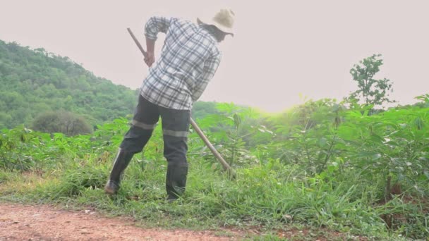Farmer Férfi Farmer Egyedül Nyírja Füvet Farmon Mezőgazdasági Területeket Hegyekkel — Stock videók