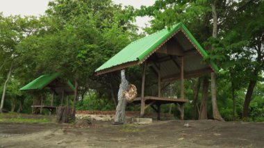 Bir adam sırt çantasıyla seyahat ediyor. Dağ pirinç tarlası turizm kamerası. Doğal tepeler, kır evleri, Tayland 'ın güzel manzaraları..