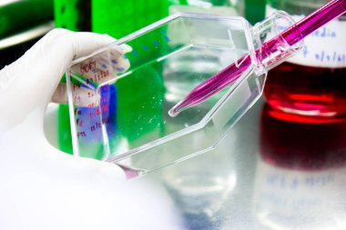 Bilimadamları laboratuvarda kanser hücresi kültürü örnekleri hazırlıyorlar. Uyuşturucu testinin çözeltisini pipetlemek için burette kullanıyorlar. Araştırma ve uyuşturucu geliştirme, Tıbbi, İlaç, Biyokimya.