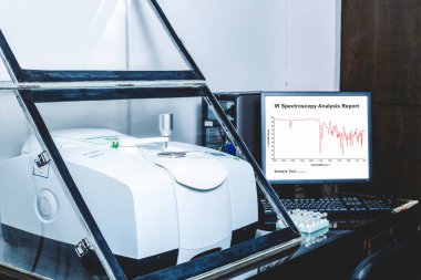 Fourier Transform Infrared Spectroscopy FTIR Instrument with the IR spectrum of the sample was analysed as shown on the monitor. FTIR  was used to identify the chemical identity of the drug or sample analysed clipart