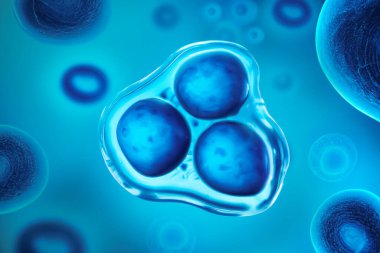 Kök hücrelerin 3 boyutlu çizimi. Konsept, kök hücreler terapi için hastalığın laboratuvar ve teşhisinde genomik veya DNA araştırmalarında kullanılan 3 boyutlu örnekleme. Embriyonik kök hücreler, kök hücre terapisi..