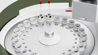 NMR Spektroskopi Otomasyonu 'nun çalışma sürecini gösteren 3 boyutlu animasyon. Dönüştürücü tarafından tutulan örnek tüp otomatik olarak transfer tüpünden geçirilir ve analiz için NMR sondasına kaydırılır..