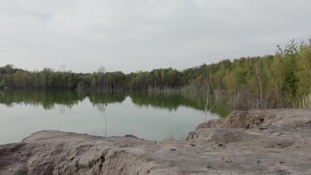 Χαμηλή Πτήση Ένα Drone Πάνω Από Μια Λίμνη Ένα Καταπράσινο — Αρχείο Βίντεο