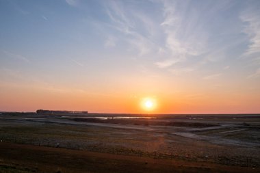 Arkadaki ağaçların üzerinde gölgeler olan kızgın günbatımı. Karanlık orman siluetleri, canlı günbatımı ya da gün doğumu ile. Renkli ve duygusal çevresel portre. Yüksek kalite fotoğraf