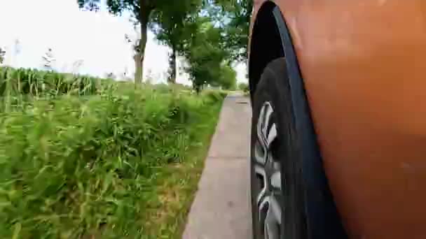 越野车的轮子在森林和农田之间的路上行驶 高质量的4K镜头 — 图库视频影像