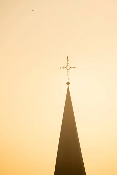 比利时一个典型的五彩缤纷的秋日日出 风景被一层雾覆盖 只留下远处可见的教堂塔楼轮廓 高质量的照片 — 图库照片