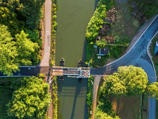 Top view aerial with drone of a Draw Bridge over the canal Dessel-Schoten in Rijkevorsel, Antwerp, Belgium. High quality photo. High quality photo