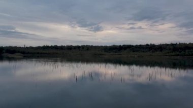 İnsansız hava aracı Belçika 'da sonbaharda bulutlu bir günbatımında gölün ve ağaçların üzerinde uçar ve gökyüzü suya yansıtır. Yüksek kalite 4k görüntü