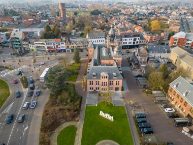 Duffel, Antwerp, Belgium, 15th of February, 2023, Town Hall of Duffel, in the gemeentestraat of the village of Duffel, in the Antwerp area aerial photo showing the houses and streets of the village