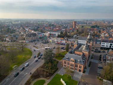 Duffel, Antwerp, Belgium, 15th of February, 2023, Town Hall of Duffel, in the gemeentestraat of the village of Duffel, in the Antwerp area aerial photo showing the houses and streets of the village