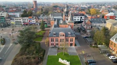 Duffel, Antwerp, Belgium, 15th of February, 2023, Town Hall of Duffel, in the gemeentestraat of the village of Duffel, in the Antwerp area aerial photo showing the houses and streets of the village