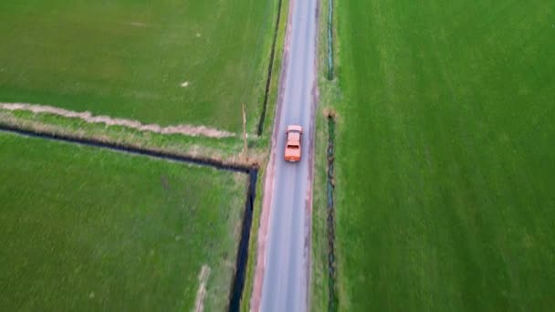 Aerial View Shot Drone Car Moving Countryside Road Trees Agriculture — Stockvideo