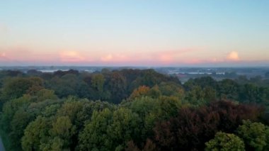 Beautiful sunrise landscape aerial view in vast forest, Birds eye view using the drone in morning bright sunlight. Shot in Antwerp, Belgium. High quality 4k footage