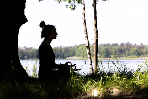 Silueta Una Mujer Que Practica Yoga Medita Posición Loto Naturaleza — Foto de Stock