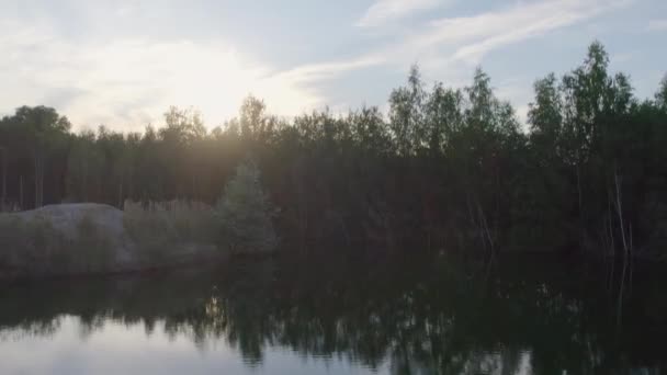 Drone Flies Rises Lake Trees Clouded Sunset Autumn Belgium Sky — Stock Video
