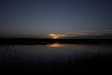 Suya yansıyan bir orman gölü üzerinde dramatik ve renkli bir gün batımı. Blakheide, Beerse, Belçika. Yüksek kalite fotoğraf