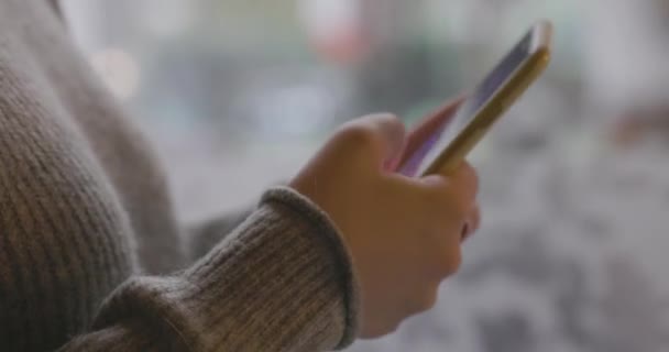 Widok Boku Ręka Dziewczyny Pomocą Smartfona Salonie Domu Przewijanie Wiadomości — Wideo stockowe