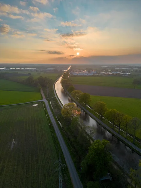 Dramatisk Solnedgång Över Kanalen Dessel Schoten Flygfoto Rijkevorsel Kempen Belgien — Stockfoto