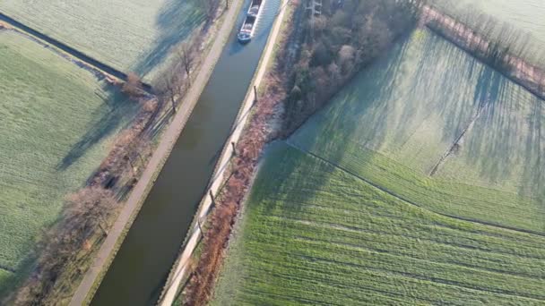 Aerial View Drone Cargo Canal Ship Passes Canal Sunny Winter — Stock Video