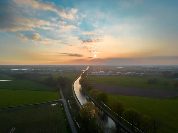 Dramática Puesta Sol Sobre Canal Foto Aérea Dessel Schoten Rijkevorsel — Foto de Stock