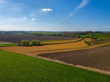 Belçika, Avrupa 'daki Pajottenland' ın yuvarlanan tarımsal alanının ve güneşli bir günde yeşil dalgalı tarlaların havadan görünüşü. Hava fotoğrafçılığı, insansız hava aracı görüntüsü. Belçika tarım bölgesi, Avrupa