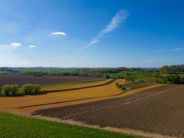 İşte Belçika Pajottenland bölgesinin büyüleyici hava görüntüsü, canlı tarım alanlarının nefes kesici bir güzellik yaması oluşturduğu yer. Bu büyüleyici görüntüler resim gibi görünüyor.