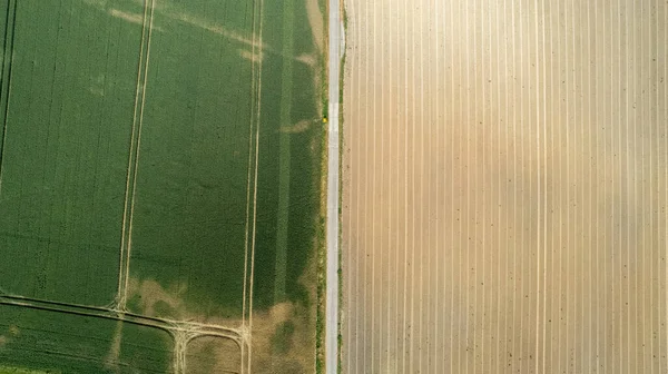 Geometrische Landbouwvelden Vanuit Lucht Met Een Groene Weide Geploegde Velden — Stockfoto