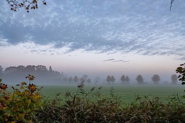 Bu görüntü, kırsal kesimde sabah erken saatlerde sakin bir sis bulutunun tarlaların üzerine çöktüğünü gösteriyor. Ön plan, berraklıktan sise geçiş yapan bir alanın kenarını gösteriyor.
