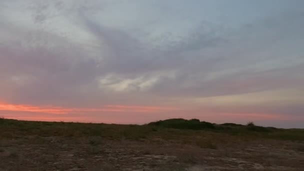 这幅泛泛而谈的画面传达了在夕阳西下广阔的开阔平原 天空用柔和的粉色和紫色的色调描绘 提供了与柔和的大地色调的反差 — 图库视频影像