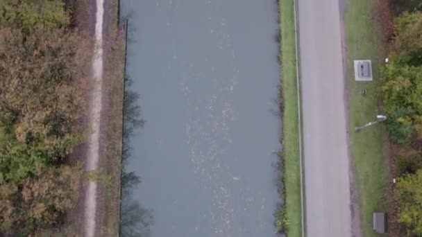 このドローン映像は 緑豊かな国道と平行に流れる穏やかな川の静かな上下の景色を示しています 冷静な水は オーバーキャスト空を反映し — ストック動画