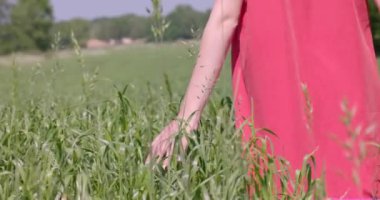 Bu görüntü, canlı kırmızı bir elbise giymiş bir insanın, yemyeşil bir çayırda yürürken, ellerini nazikçe yabani çimlere sürtünürken görüntüsünü çeker. Bağlantı duygusunu uyandırıyor.