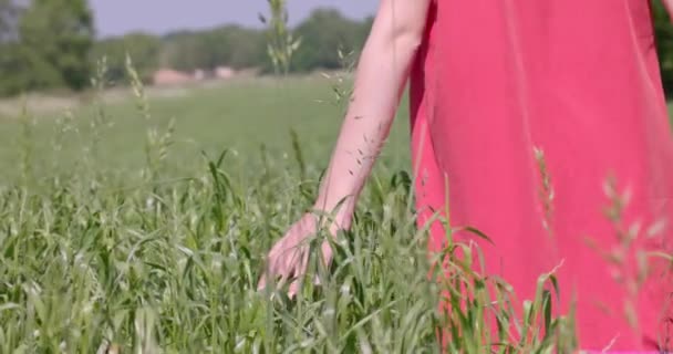 Esta Filmagem Captura Momento Íntimo Uma Pessoa Vestido Vermelho Vibrante — Vídeo de Stock