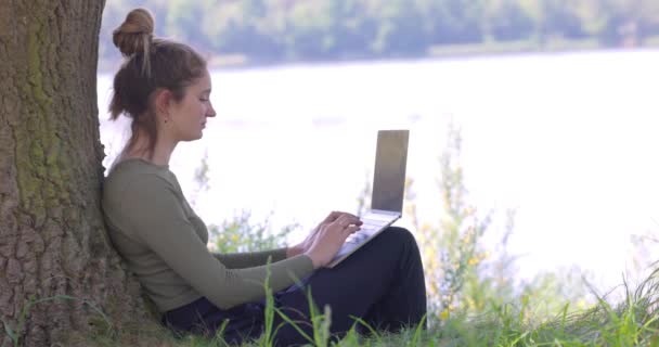この静かな映像は 穏やかな湖畔で彼女のラップトップに深く焦点を当てた木に快適に座っている女性を示しています 自然の設定は 伝統的なオフィスに平和的な代替を提供しています — ストック動画