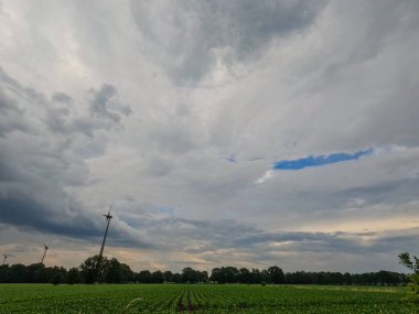Bu resim dinamik bir gökyüzü altında sakin bir tarımsal manzara yakalar. Ufukta dikilen bir dizi rüzgar türbini modern yenilenebilir enerji ile geleneksel çiftçiliğin birleşmesini simgeliyor.
