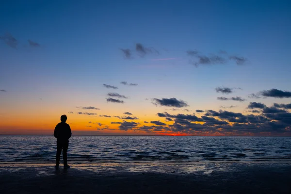 Gambar Ini Tenang Menangkap Siluet Individu Tunggal Berdiri Pantai Tenggelam Stok Foto Bebas Royalti