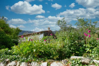 Ardeche bölgesindeki kırsal bir ev, gür bitki örtüsü ve kır çiçeklerinden oluşan canlı bir ön planda sessizce duruyor. Geleneksel sazdan çatı ve beyazlatılmış duvarlar yerel halkın karakteristik özellikleridir.