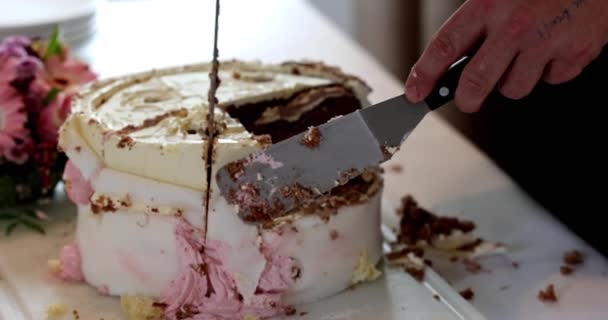 Captured Exquisite Slow Motion Footage Highlights Joyful Tradition Cake Cutting — Stock Video