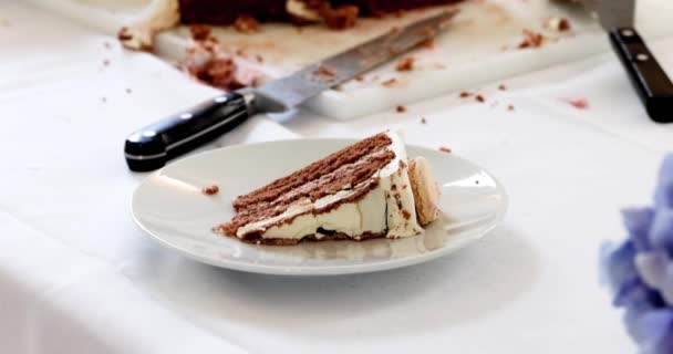 Cette Image Stock Capture Une Tranche Tentante Gâteau Chocolat Couches — Video