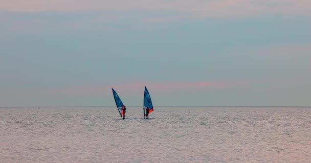 在暮色降临的时候 这宁静的景象捕捉到两艘蓝色帆的帆船在平静的海水中优雅地航行 与柔和的淡淡的天空相映成趣 帆船与宁静的气氛完全一致 — 图库视频影像