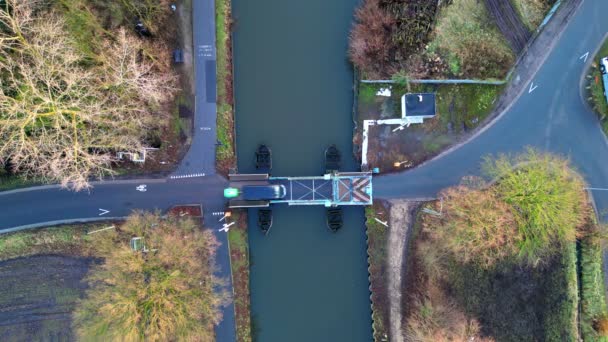 Drone Footage Offers Birds Eye View Closed Drawbridge Vehicles Seamlessly — Stock Video