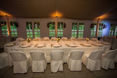 A sophisticated banquet hall, ready for guests, with tables dressed in pristine white linens and adorned with delicate floral arrangements. The intimate lighting casts a warm glow, complementing the clipart