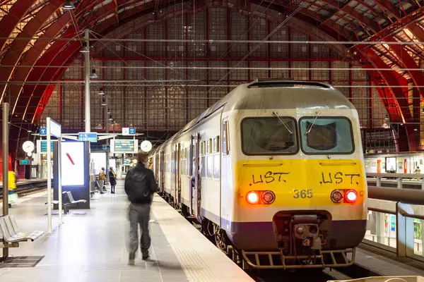 Antwerp, Belçika, 25 Ocak 2024, Antwerp Merkez Tren İstasyonu 'nun gece faaliyetleri bu görüntüye çağrışım yapıyor. 365 numaralı tren, hazır bekliyor.