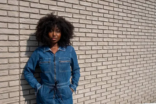 Een Afro Amerikaanse Vrouw Met Natuurlijk Afro Textuur Haar Staat Stockfoto