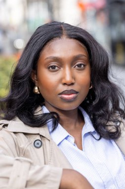 Bu, sakin, genç bir Afrikalı kadının şehir ortamındaki portresi. Onun bakışı doğrudan ve çekici, izleyiciyle yankılanan nazik bir özgüvenle. Şık giyinmiş.