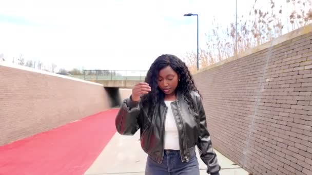このスローモーションストックビデオは 現代の都市トンネルを歩いている自信のある若いアフリカ人女性を捉えています 彼女のカジュアルでスタイリッシュな服装 リラックスした Demeanor と相まって 都市の瞬間を紹介します — ストック動画