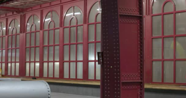 このストック映像は 列車駅 おそらくアントワープ セントラル駅の歴史的なインテリアをすばやく過ぎて移動する通勤者の急激なぼやきを捉えています モーションとモーションのコントラスト — ストック動画