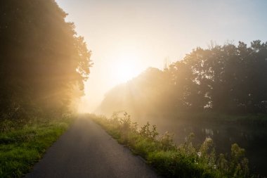 The image portrays a secluded pathway alongside a river, with a radiant sunburst piercing through the morning mist, casting a diffused light across the scene. The path leads toward the luminous clipart