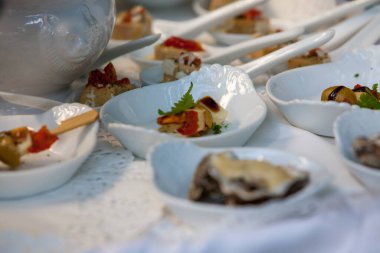 Zarif beyaz seramik tabaklarda servis edilen lezzetli gurme aperatifleri, yemek ve etkinlikler için mükemmel..